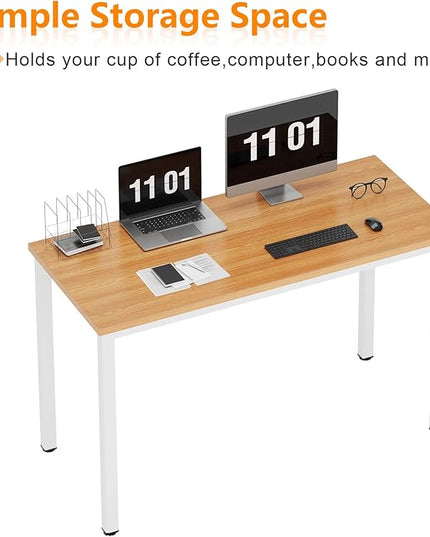 Need Computer Desk, 47 inch Home Office Desk, Modern Simple Style Home Office Gaming Desk, Basic Writing Table for Study Student, White Metal Frame, Teak - LeafyLoom