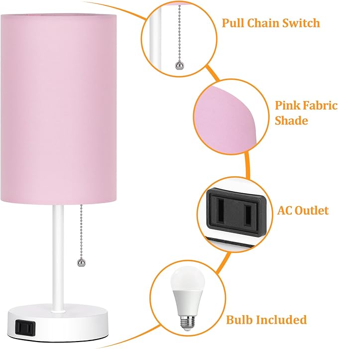 Dott Arts Table Lamp for Bedroom, 3-Color Bedside Lamps with Pull Chain, Bedroom Table Lamps for Nightstand,Small Lamp for Living Room, Bulb Included Pink - LeafyLoom