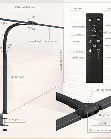LED Desk Lamp for Home Office, Gooseneck Desk Light Architect Clip on office Lamp with 10 Dimmable 7 Modes, 24W Sensor Auto Dimming Table Lights for Desk, Adapter Included - LeafyLoom