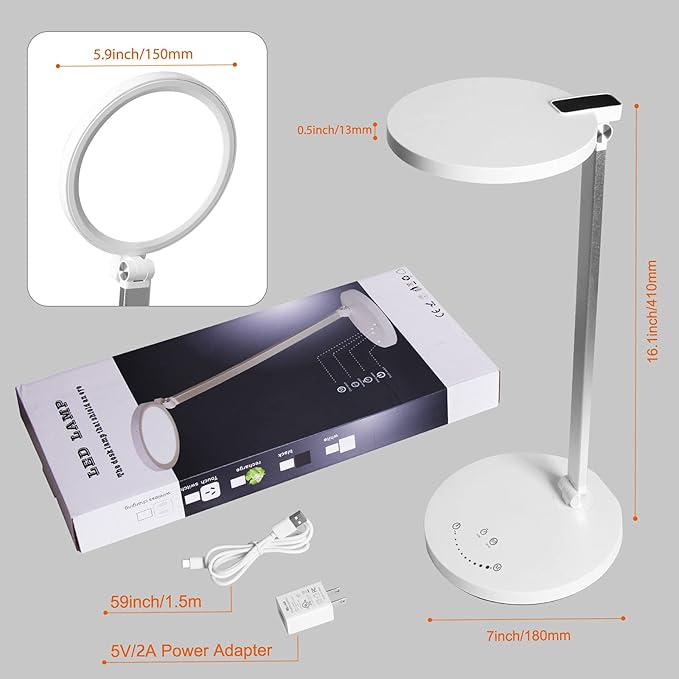 LED Desk Lamp, Aluminum Table Lamp, Dimmable Eye-Caring Table Lamp with 5 Lighting Models with 5 Brightness Levels, Touch Control and Memory Function, USB Charging Port, 8W, White…… - LeafyLoom