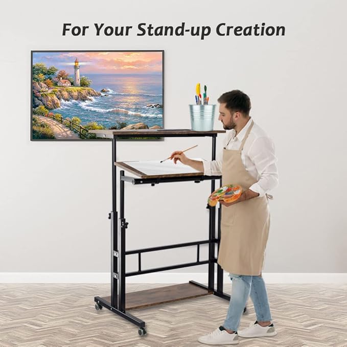 Hadulcet Mobile Standing Desk, Rolling Table Adjustable Computer Desk, Stand Up Laptop Desk Mobile Workstation for Home Office Classroom with Wheels, 31.49 x 23.6 in Rustic Brown - LeafyLoom