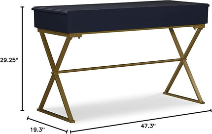 Linon Campaign Desk Navy with Gold Legs, Blue - LeafyLoom