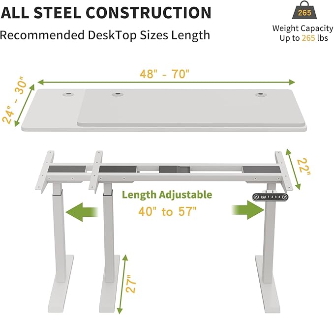Radlove Dual Motor Height Adjustable Standing Desk Frame, Adjustable Desk Legs for 48'' to 70'' Desk Tops, Home Office Sit Stand Desk Base, Heavy Duty 265 lb Load Capacity for Home Office - LeafyLoom