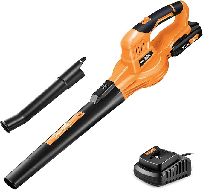 SnapFresh Cordless Leaf Blower - 20V Electric Leaf Blower with 2.0 Ah Battery and Charger - Lightweight 2-Speed Leaf Blower for Lawn Care and Yard/Garden/Patio Cleaning (Orange) - LeafyLoom