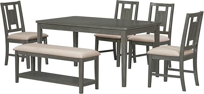 6-Piece Wooden Minimalist Dining Table Set with 4 Upholstered Chairs & 1 Bench with a Shelf for Kitchen Room Furniture, Dark Gray, 60" L x 43" W x 30" H - LeafyLoom