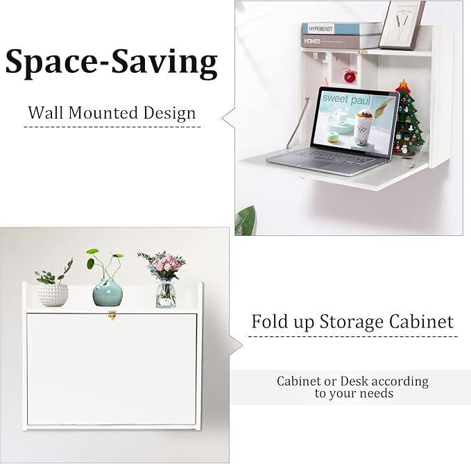 YUSING Wall Mounted Table, Multifunctional Fold Down Wall Mounted Laptop Computer Desk with Storage Compartments for Home, Office, White - LeafyLoom