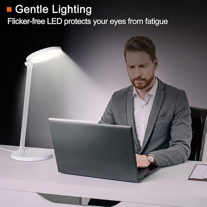 LED Desk Lamp, Aluminum Table Lamp, Dimmable Eye-Caring Table Lamp with 5 Lighting Models with 5 Brightness Levels, Touch Control and Memory Function, USB Charging Port, 8W, White…… - LeafyLoom