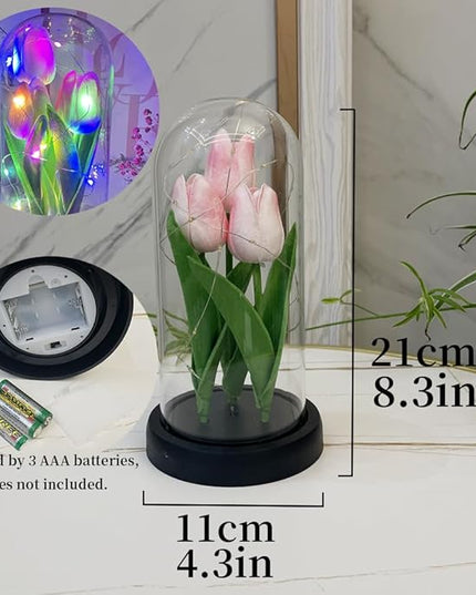 LED Tulip Lamp Artificial Flower Night Light Handmade Light up Tulips in Glass Dome Table Lamp Ornaments Desktop Decor - Battery Operated (Pink-Colour light) - LeafyLoom