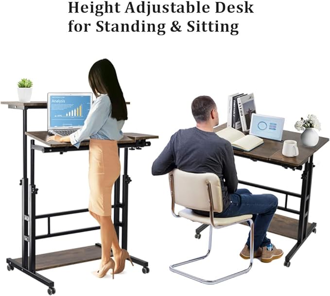 Hadulcet Mobile Standing Desk, Rolling Table Adjustable Computer Desk, Stand Up Laptop Desk Mobile Workstation for Home Office Classroom with Wheels, 31.49 x 23.6 in Rustic Brown - LeafyLoom