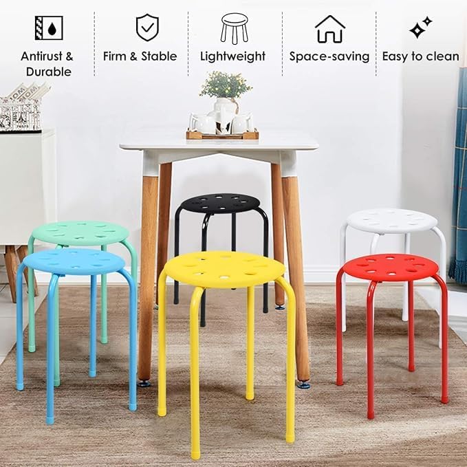 6-Pack Plastic Stackable Stools, 17.5" Multipurpose Stool Chairs w/Metal Frame, X-Shape Connection, Non-Slip Feet, Mulit Color for Students Child Kids, Colorful - LeafyLoom