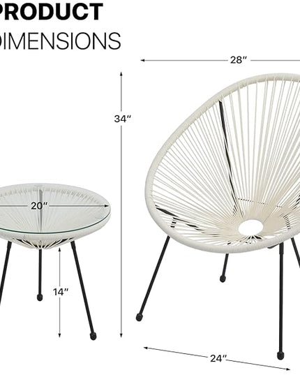 MoNiBloom 3 Piece Outdoor Acapulco Set All-Weather Patio Balcony Conversation Bistro Outside Set with Glass Top Table and 2 Chairs for Indoor Patio Lawn Garden, Weight Capacity 250 lbs, White - LeafyLoom