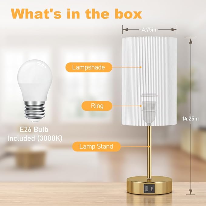 AKASUKI Table Lamp for Bedroom, 3 Way Dimmable Touch Lamp with Dual Charging Station, Small Bedside Lamps for Night Stands, Living Room, Office(LED Bulb Included) - LeafyLoom