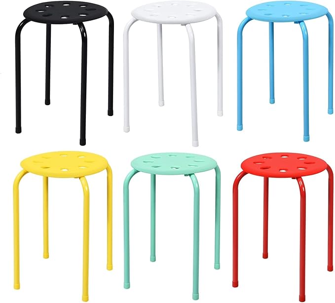 6-Pack Plastic Stackable Stools, 17.5" Multipurpose Stool Chairs w/Metal Frame, X-Shape Connection, Non-Slip Feet, Mulit Color for Students Child Kids, Colorful - LeafyLoom