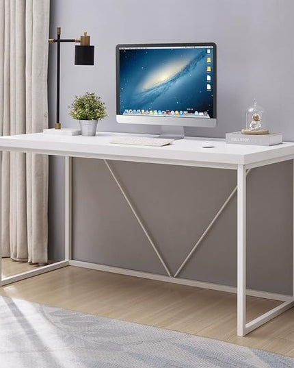 Home Office Desk, Metal and Wood Computer Desk, Modern Rustic Work Study Writing Table for Living Room Bedroom, White Oak, 55 inch - LeafyLoom