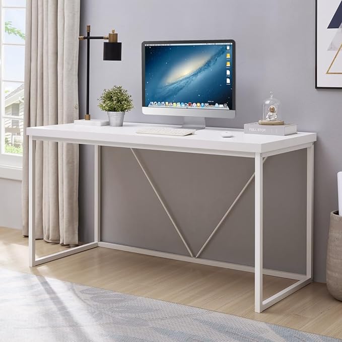 Home Office Desk, Metal and Wood Computer Desk, Modern Rustic Work Study Writing Table for Living Room Bedroom, White Oak, 55 inch - LeafyLoom
