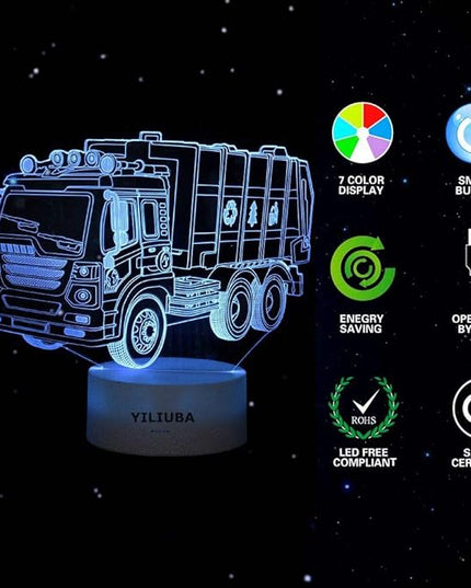 Garbage Truck Car Gift Night Lights for Kids 3D Lamp LED Desk Lamps for Boys Decor Bedroom Room USB plugs 7 Color Gradual Changing Truck Light or Birthday Xmas Party Festival Decor Children Gifts - LeafyLoom