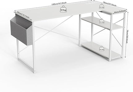 L Shaped Computer Desk with Power Outlets, 47 Inch Small Corner Desk with Reversible Shelves, Gaming Desk Computer Table Study Writing Desk for Home Office Small Space, White - LeafyLoom
