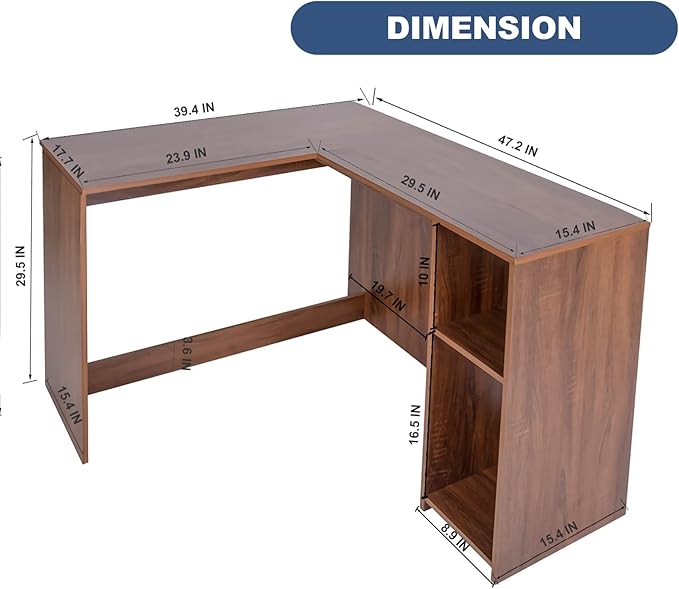 FurnitureR 47.2-Inch L-Shaped Computer Desk Home Office Study Writing Corner Gaming Table Retro Design Work Station Space-Saving for Study Room Bedroom, Walnut - LeafyLoom