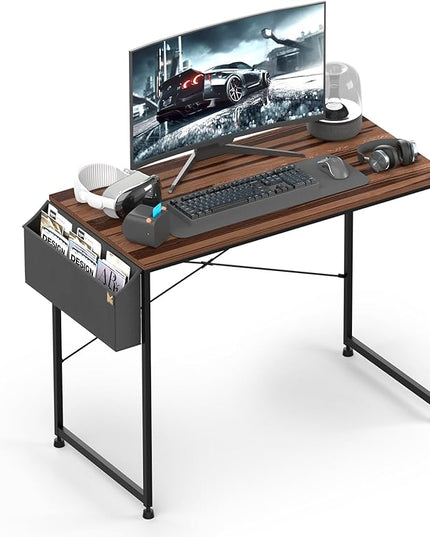 MoNiBloom 40 Inches Computer Desk with Storage Bag, Study Work Writing Table w/Metal Frame for Home Office, Walnut Color - LeafyLoom