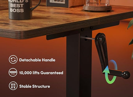 FEZIBO Crank Height Adjustable Desk, 48 Inches Manual Standing Desk, Writing Table with Handle, Home Office Desk with Black Frame/Rustic Brown Top - LeafyLoom