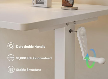 FEZIBO Crank Height Adjustable Desk, 48 Inches Manual Standing Desk, Writing Table with Handle, Home Office Desk with White Frame/White Table Top - LeafyLoom