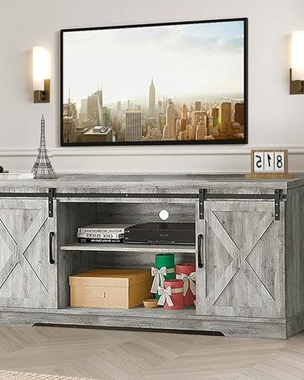 IDEALHOUSE TV Stand Farmhouse Entertainment Center for 65 Inch TV & Media Furniture, Rustic TV Stands with Storage and Barn Doors TV Console Table Under TV Cabinet for Living Room, Rustic Grey - LeafyLoom