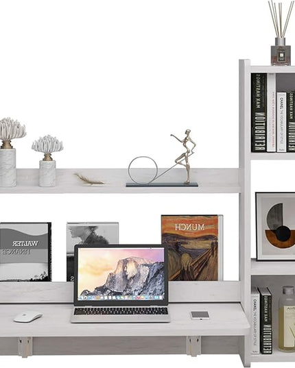 Pmnianhua Floating Desk,41'' Wall Mounted Desk Fold Down Laptop Desk Folding Space Saving Table Workstation with Storage Shelves for Bedroom Study Room Small Space (Off White-Right) - LeafyLoom