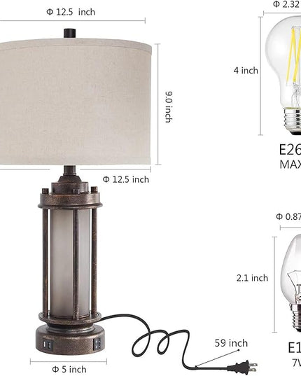 Set of 2 Farmhouse Lamps for Living Room, Rustic Vintage Bedroom Nightstand Table Lamp with 2 USB Charging Ports, Built-In Frosted Glass Night Light for End Table Entryway, 4 Bulbs Included (Bronze) - LeafyLoom