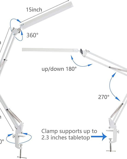 LED Desk Lamp, Architect Task Lamp, Metal Swing Arm Dimmable Drafting Table Lamp with Clamp (3 Color Modes, 10-Level Dimmer, Memory Function) Highly Adjustable Office, Craft, Workbench Light - LeafyLoom