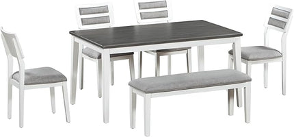 RITSU Traditional Style 6 Piece Dining Table Set, Including 4 Upholstered Burlap Chairs and Bench, Solid Wood Structure, Suitable for Living Room, Apartment,White&gray, 60inch - LeafyLoom