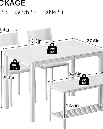 DlandHome 4 Person Dining Table Set, Dining Table with 2 Chairs and 1 Bench,Rectangular Space-Saving Dinner Table with Two Benches for Kitchen - LeafyLoom