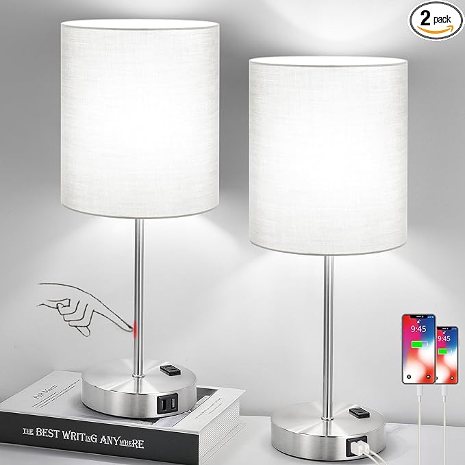 ๐ฎ๐ฌ๐ฎ๐ฏ ๐ก๐๐ช Set of 2 Touch Grey Table Lamps with 2 USB Ports & AC Outlet, 3-Way Dimmable Bedside Nightstand Lamps for Bedroom Living Room Nursery, 800 Lumens 5000K Daylight Bulbs Included - LeafyLoom
