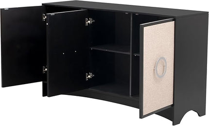 58.2“ Curved Design Storage Cabinet with Linen Material and Metal Round Handle Door,Wooden Console Table,W/Adjustable Shelves,Suitable for Corridors,Entrances,Living Rooms,Study,Beige - LeafyLoom