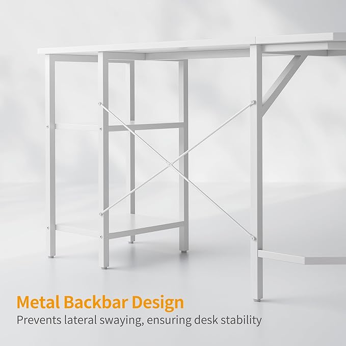 BANTI L Shaped Desk with Shleves, 58 inch Large Corner Desk with Two Storage, Space Saving, Easy to Assemble, White - LeafyLoom