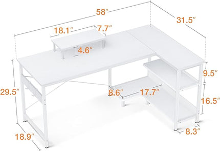 ODK 58 Inch L Shaped Computer Desk with Reversible Storage Shelves, L-shaped Corner Desk with Monitor Stand for Small Space, Modern Simple Writing Study Table for Home Office Workstation, White - LeafyLoom