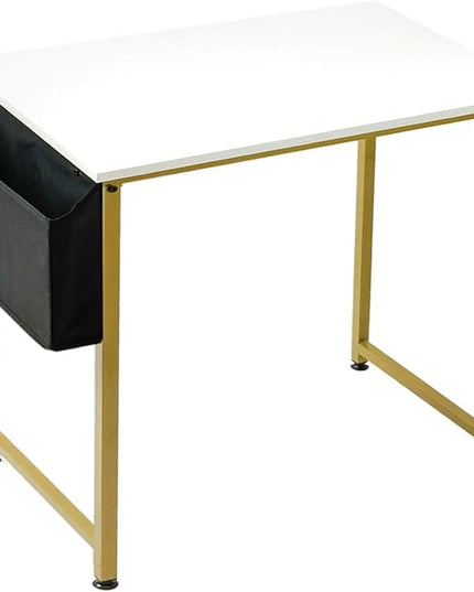 Lufeiya Small Computer Desk White Writing Table for Home Office Small Spaces 31 Inch Modern Student Study Laptop PC Desks with Gold Legs Storage Bag Headphone Hook,White Gold - LeafyLoom