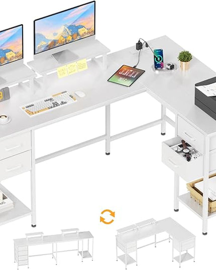 L Shaped Computer Desk with Power Outlets, 59 inch Reversible Home Office Desk with Storage Shelves & 2 Monitor Stands, Gaming Desk with 4 Fabric Drawers for Bedroom, White - LeafyLoom