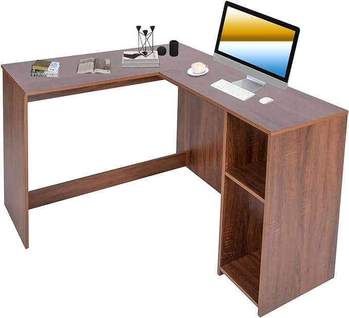FurnitureR 47.2-Inch L-Shaped Computer Desk Home Office Study Writing Corner Gaming Table Retro Design Work Station Space-Saving for Study Room Bedroom, Walnut - LeafyLoom