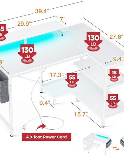ODK 40 Inch Gaming Desk with USB Charging Ports and LED Lights, Reversible L Shaped Computer Desk with Storage Shelves & Monitor Stand, Corner Home Office Desk Table with Power Outlets, White - LeafyLoom