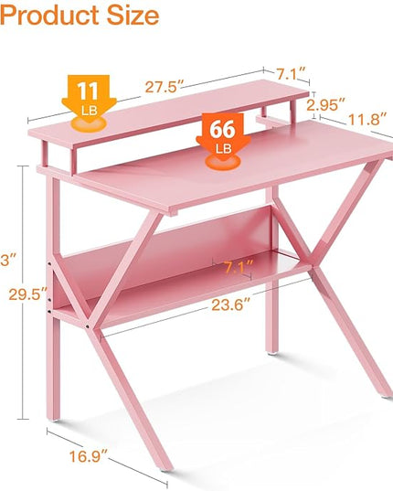 ODK Small Desk, 27.5 Inch Small Computer Desk for Small Spaces, Compact Desk with Storage, Tiny Desk Study Desk with Monitor Stand for Home Office, Pink - LeafyLoom