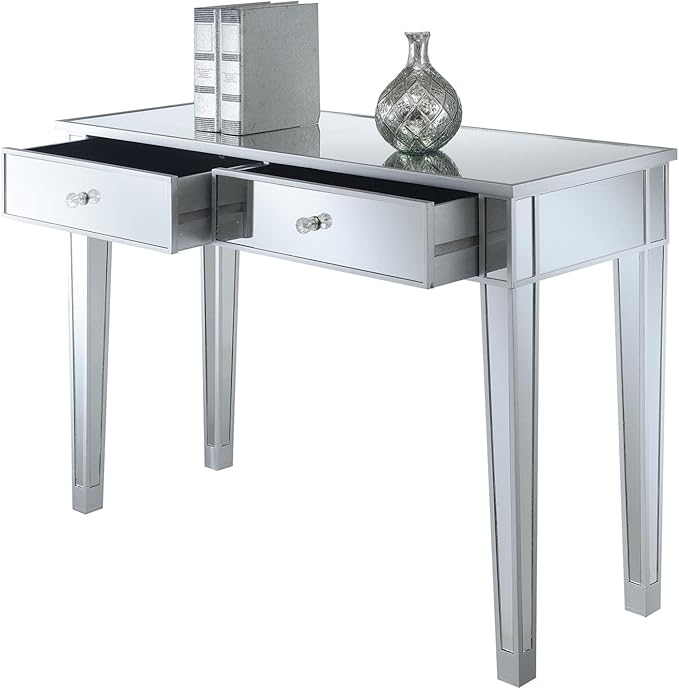 Convenience Concepts Gold Coast Desk 42" Console Table with 2 Drawers for Storage in Living Room, Office, Den, 42 x 15 x 30 inches, Silver/Mirror - LeafyLoom