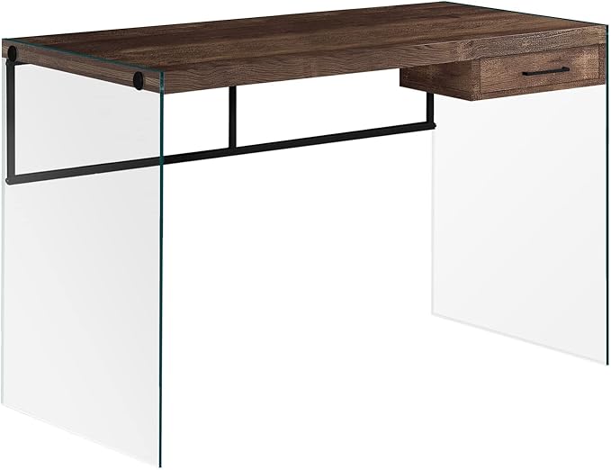 Monarch Specialties Computer Desk - Contemporary Writing Desk with Drawer - Tempered Glass Legs - 48"L (Brown Reclaimed Wood Look) - LeafyLoom