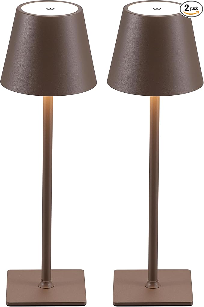 KDG 2 Pack Cordless Table Lamp,Portable LED Desk Lamp, 5000mAh Battery Operated, 3 Color Stepless Dimming Up, for Restaurant/Bedroom/Bars/Outdoor Party/Camping/Coffee Shop Night Light(Brown) - LeafyLoom