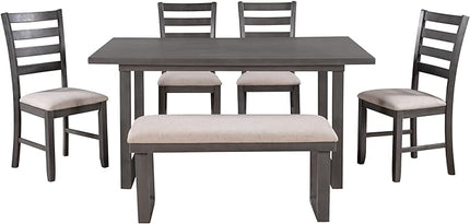 6 Pieces Simple Style Family Furniture, Solid Wood Set with Rectangular Table & 4 Chairs with Bench, A Stable Frame and a Long lifespan, for Dining Room, Beige+Gray - LeafyLoom