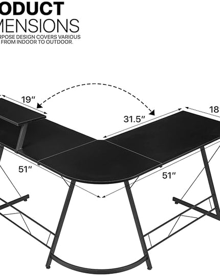 MoNiBloom L Shaped Gaming Desk Computer Corner Table with Metal Frame, L Desk Workstation for Home Office, Space-Saving, Black - LeafyLoom