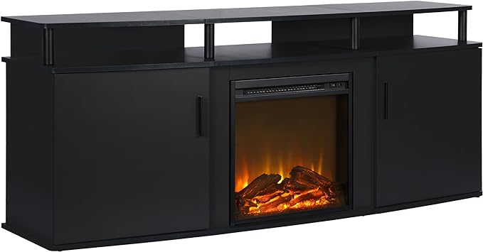 Ameriwood Home Carson Fireplace TV Stand for TVs up to 70 Inch, Replaceable Electric Fireplace Insert Heater, Realistic Log and Flame Effect, For Living Room or Bedroom, Black - LeafyLoom