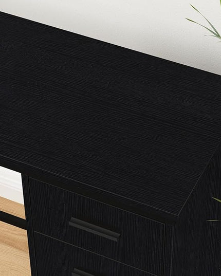 HSH Large Black L Shaped Desk, Corner Wood Computer Desk with Drawer, Modern Work Home Office Desk with Storage Cabinet, Industrial Executive PC Study Writing Desk for Living Bedroom, Black, 59 Inch - LeafyLoom