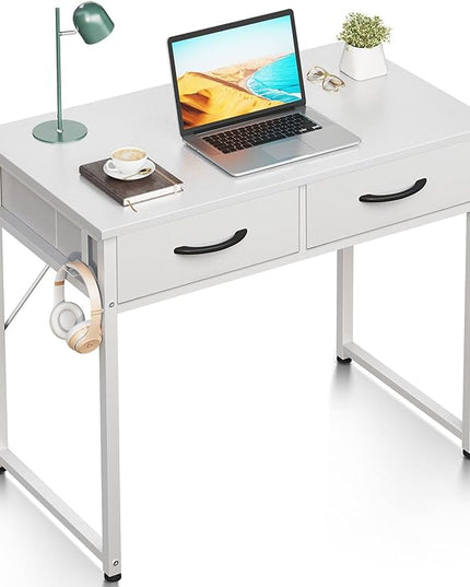ODK Small Desk with Fabric Drawers- for Bedroom, White Vanity Desk with Storage, Home Office Computer Desk for Small Spaces, 32 Inch Modern Work Writing Study Table, White - LeafyLoom