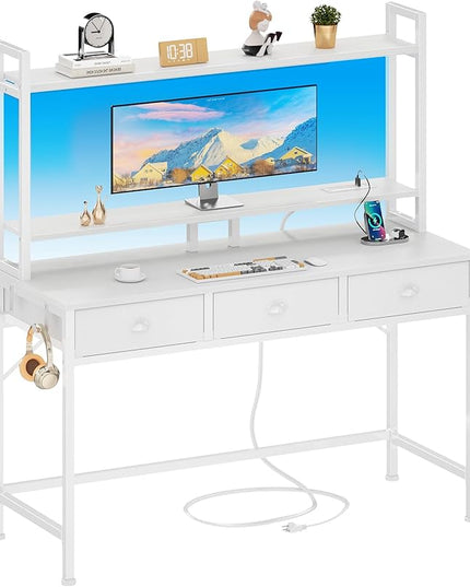 Furologee White Gaming Desk with Power Outlet and LED Light, 47" Computer Desk with 3 Fabric Drawers, Home Office Desk with Monitor Stand and Hutch for Small Space Working, Study Table with Shelf - LeafyLoom