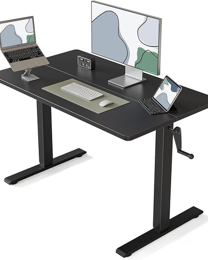 FEZIBO Crank Height Adjustable Desk, 40 Inches Manual Standing Desk, Writing Table with Handle, Home Office Desk with Black Frame/Black Table Top - LeafyLoom